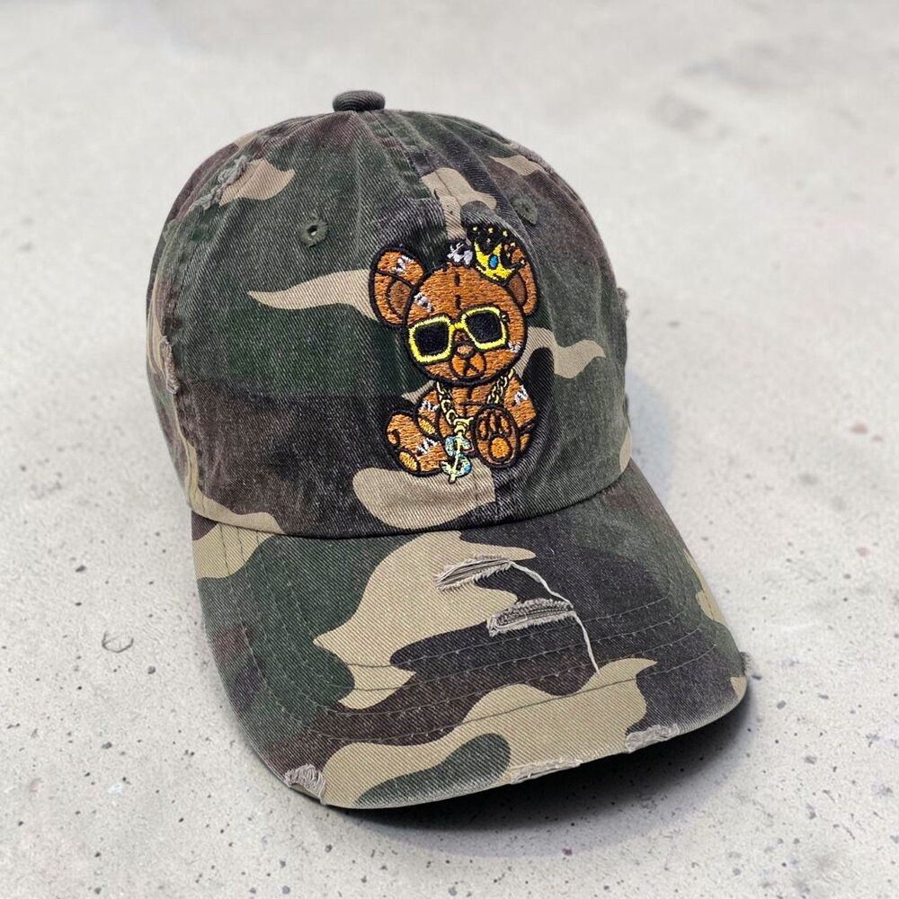 Muka Dad Hat Baseball Cap Distressed Camo Embroidered Money Bling Bear